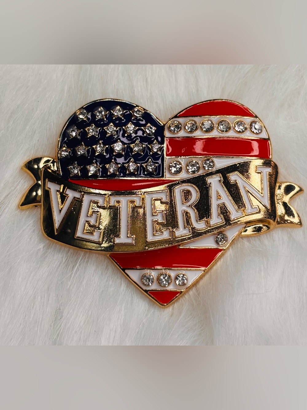 Patriotic Veteran Heart Brooch – American Flag Rhinestone Pin